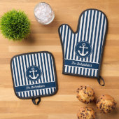 Nautische Anker Touw Marine Witte Strepen Custom Ovenwant & Pannenlap Set (Top down)