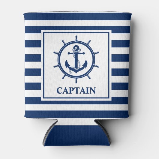 nautische anker touw wiel gestreepte kapitein blikjeskoeler (Voorkant)