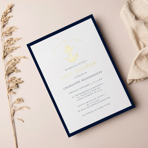 Nautische Anker Typografie Jongen Baby Borrel Goud Folie Uitnodiging