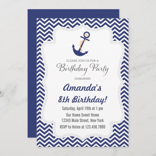 Nautische anker verjaardagsuitnodiging kaart (Voorkant / Achterkant)
