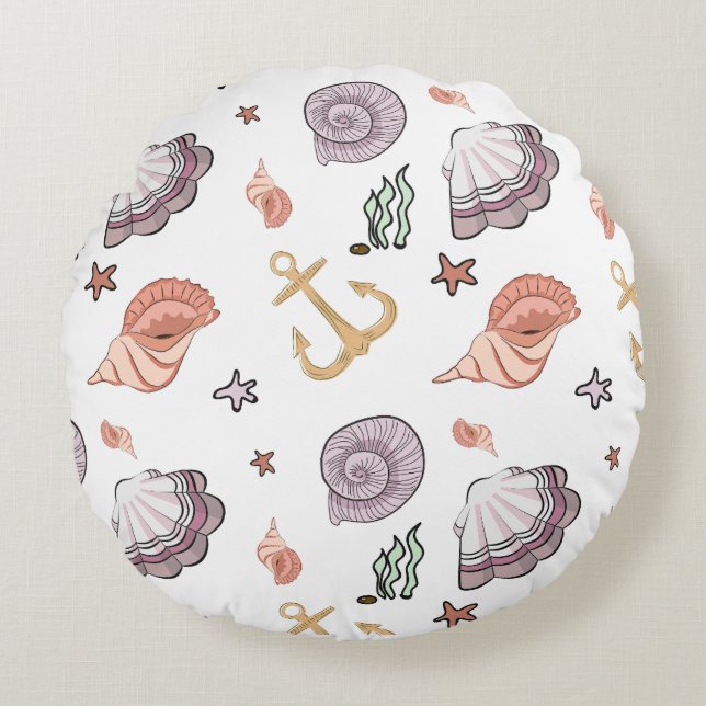 Nautische Anker Zeeschelpen & Zeesterren Roze Lila Rond Kussen (Voorkant)