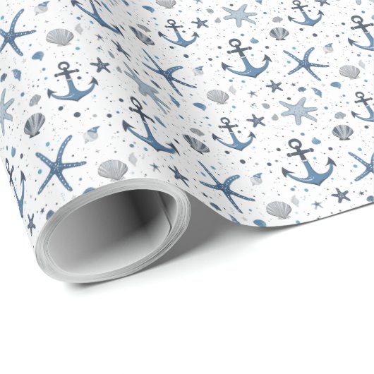 Nautische Anker Zeester Blauw en Wit Cadeaupapier (Rol Hoek)