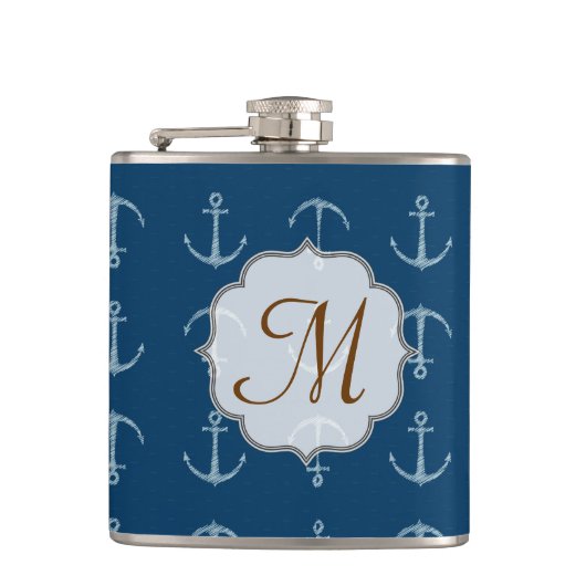 Nautische Anker Zeilen Monogram Whiskey Flask Heupfles (Voorkant)