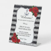 Nautische Anker Zilveren Zwarte Streep Bruiloft Ve Reclamebord Met Voetstuk (Voorkant)