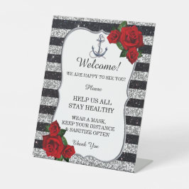 Nautische Anker Zilveren Zwarte Streep Bruiloft Ve Reclamebord Met Voetstuk