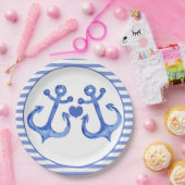 Nautische ankers en waarschuwing | Navy Striped Papieren Bordje (Feest)