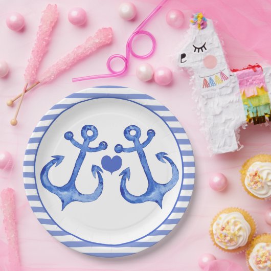 Nautische ankers en waarschuwing | Navy Striped Papieren Bordje (Feest)