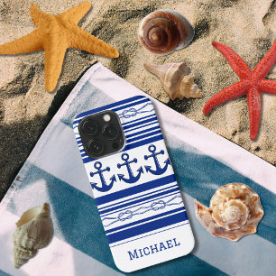 Nautische ankers touwen en strepen met naam iPhone 13 pro hoesje