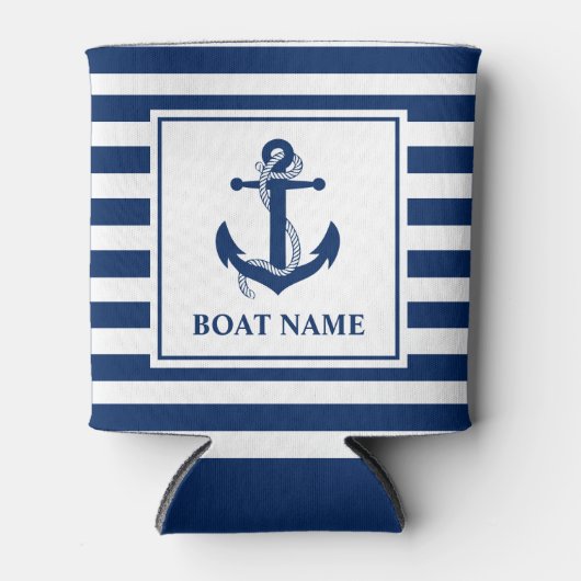 Nautische ankertrouwerijnaam gestreepte boot blikjeskoeler (Voorkant)