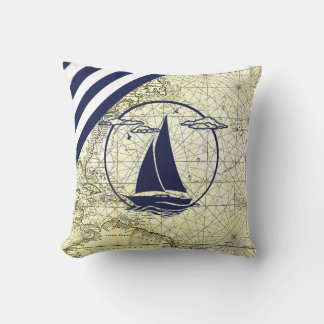 Nautische antieke kaart/zeilboot/silhouet/blauw va kussen