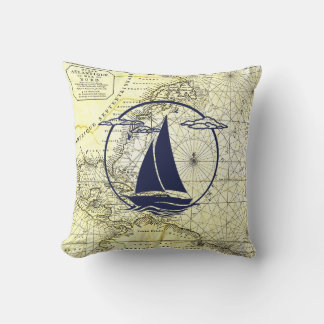 Nautische antieke kaart/zeilboot/silhouet/blauw va kussen