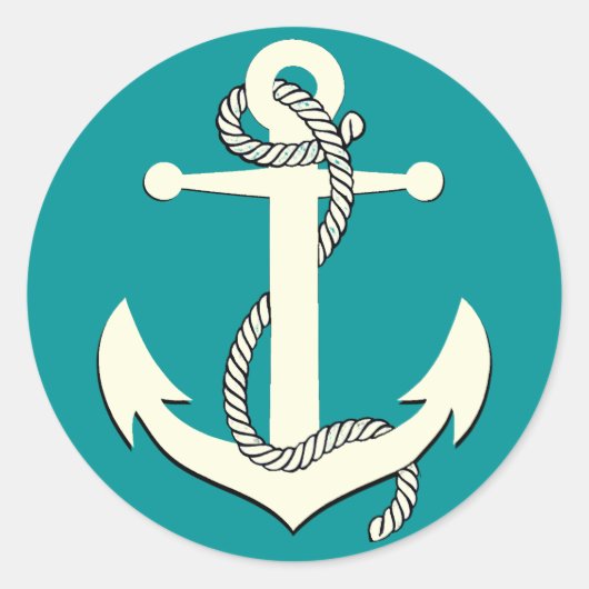 Nautische aqua blauw silhouet anker touw ronde sticker (Voorkant)