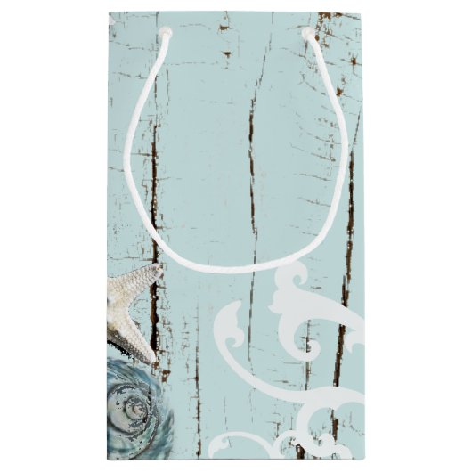 nautische aqua blauwe zeeschelp strand bruiloft klein cadeauzakje (Achterkant)