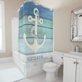 Nautische Aqua Blue White Disted Wood Anchor Douchegordijn (In situ)