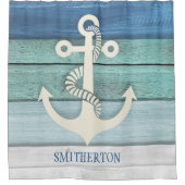 Nautische Aqua Blue White Disted Wood Anchor Douchegordijn (Voorkant)