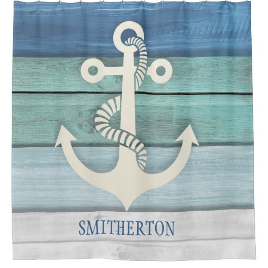 Nautische Aqua Blue White Disted Wood Anchor Douchegordijn (Voorkant)