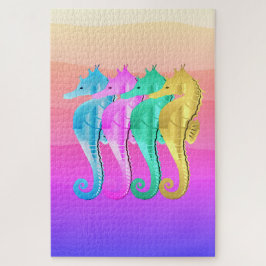 Nautische aqua/roze/blauw/goudzeepaardjes werpen p legpuzzel