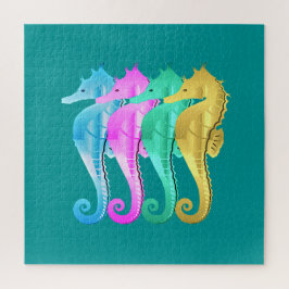 Nautische aqua/roze/blauw/goudzeepaardjes werpen p legpuzzel