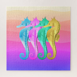 Nautische aqua/roze/blauw/goudzeepaardjes werpen p legpuzzel