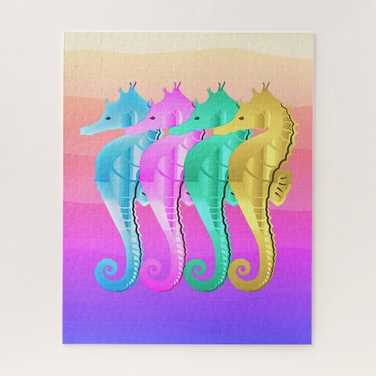 Nautische aqua/roze/blauw/goudzeepaardjes werpen p legpuzzel (Verticaal)