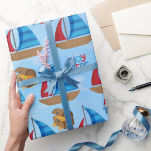 Nautische Aquarel Boot Piratenschat Blauw Cadeaupapier