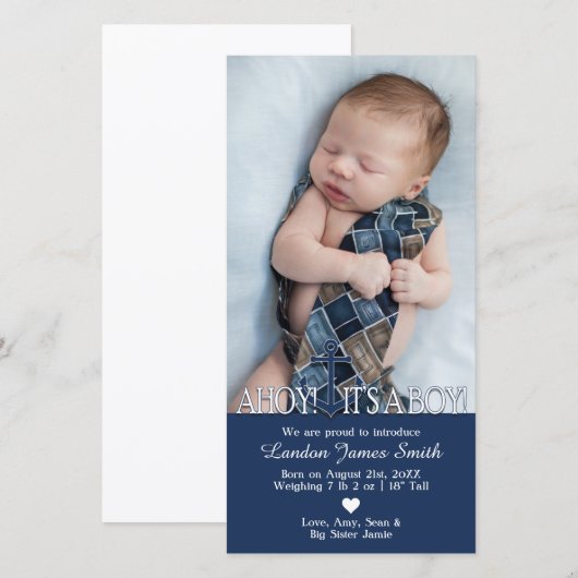 Nautische Baby Boy Geboorteaankondiging met Foto Aankondiging (Voorkant / Achterkant)