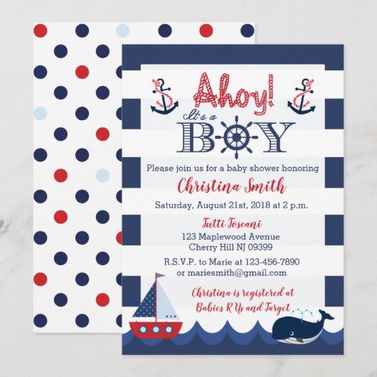 Nautische Baby Douche Uitnodigingen Jongen (Voorkant / Achterkant)