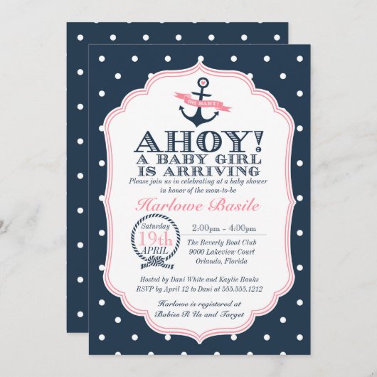 Nautische Baby Meisje Douche Uitnodiging Polkadot (Voorkant / Achterkant)