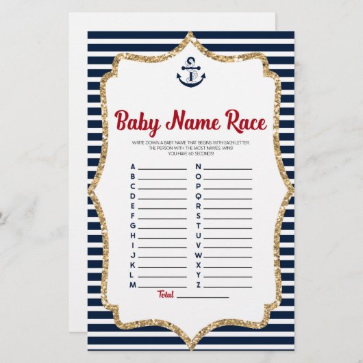 Nautische Baby Naam Race Baby shower Spel Activite Briefpapier (Voorkant / Achterkant)