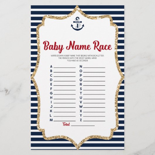 Nautische Baby Naam Race Baby shower Spel Activite Briefpapier (Voorkant)
