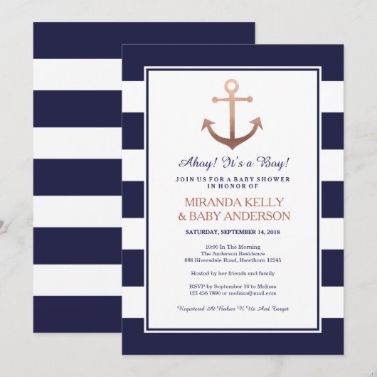 Nautische baby shower uitnodiging, nautische uitno kaart (Voorkant / Achterkant)