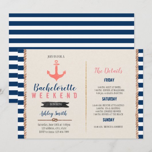 Nautische bachelorette Itinerary party call Kaart (Voorkant / Achterkant)