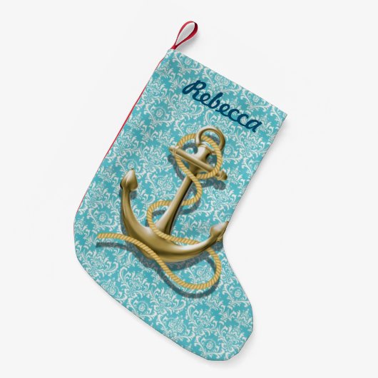 nautische beachy turquoise damask gold anchor kleine kerstsok (Voorkant (Hangend))