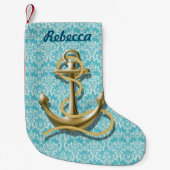 nautische beachy turquoise damask gold anchor kleine kerstsok (Voorkant)