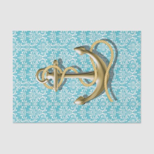 nautische beachy turquoise damask gold anchor tissuepapier (Voorkant)