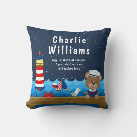 Nautische Beer Jongen Rood Marine Geboorte Statist Kussen (Voorkant)