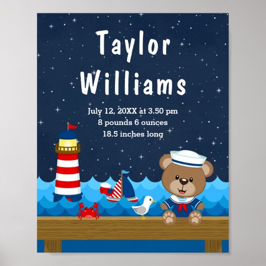 Nautische Beer Jongen Rood Marine Geboorte Statist Poster (Voorkant)