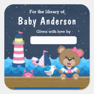 Nautische berenmeisje roze en marine baby-ex-libri vierkante sticker