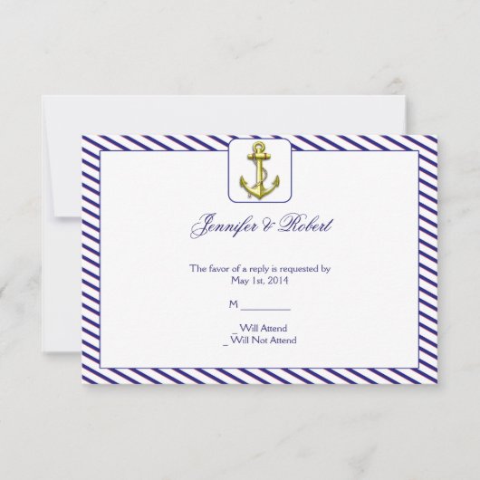 Nautische bevestiging op blauwe Stripe-reactiekaar RSVP Kaartje (Voorkant)