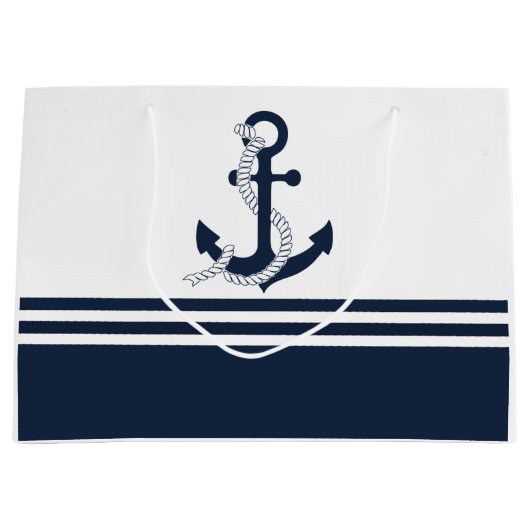 Nautische blauwe ankers met blauwe en witte strepe groot cadeauzakje (Voorkant)