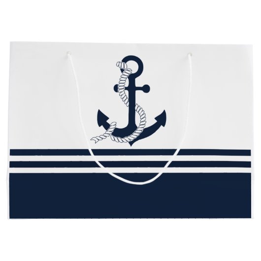 Nautische blauwe ankers met blauwe en witte strepe groot cadeauzakje (Achterkant)