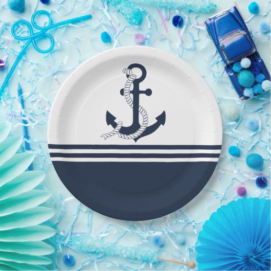 Nautische blauwe ankers met blauwe en witte strepe papieren bordje (Feest)