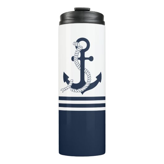 Nautische blauwe ankers met blauwe en witte strepe thermosbeker (Voorkant)