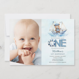 Nautische blauwe boot Teddy Bear 1e verjaardag fot Kaart