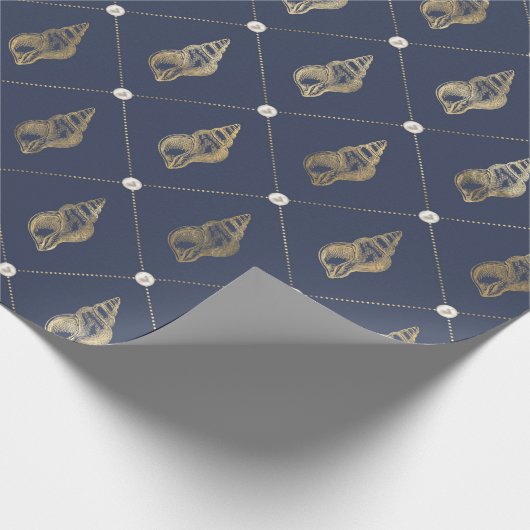  nautische blauwe en gouden schelpen cadeaupapier (Hoek)