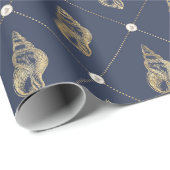 nautische blauwe en gouden schelpen cadeaupapier (Rol Hoek)