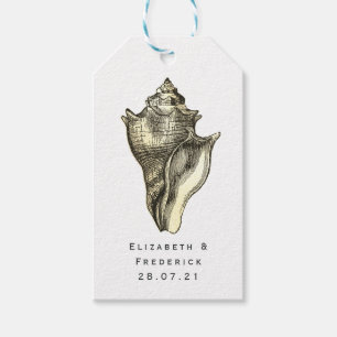 nautische blauwe en gouden shell cadeaulabel