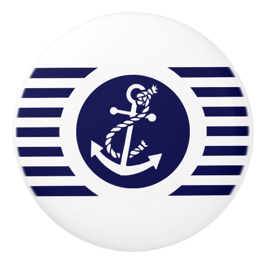 Nautische blauwe en witte strepen keramische knop (Voorkant)