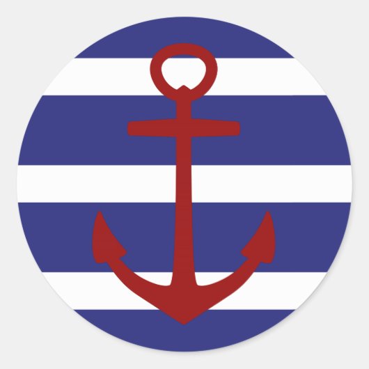 Nautische Blauwe en Witte Strepen met Rood Anker Ronde Sticker (Voorkant)