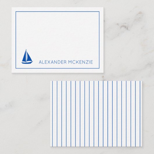 Nautische Blauwe en Witte Zeilboot Gepersonaliseer Notitiekaartje (Voorkant / Achterkant)